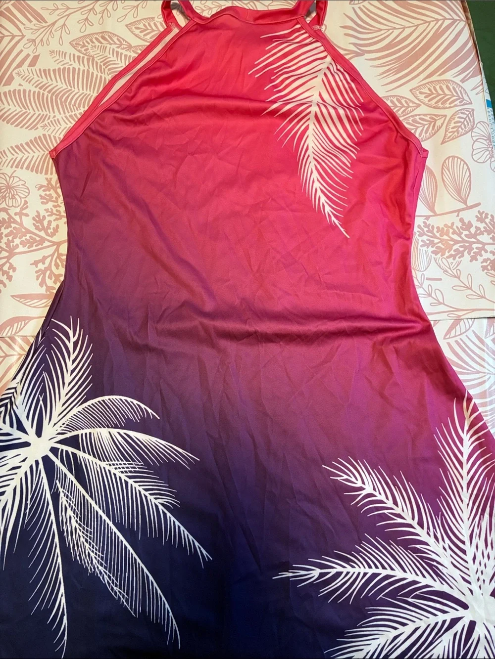 Women’s Gradient Halter Tank Top with White Palm Print - Pink/Purple